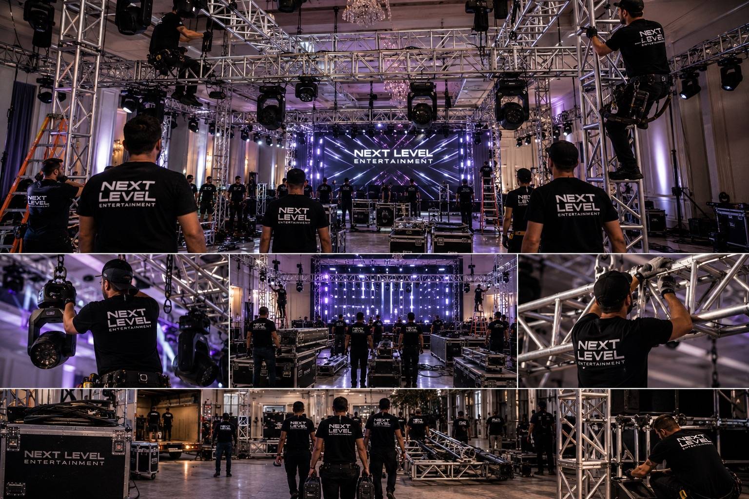 DJ Next Level Entertainment crew rigging truss and lighting fixtures at a Los Angeles venue load-in