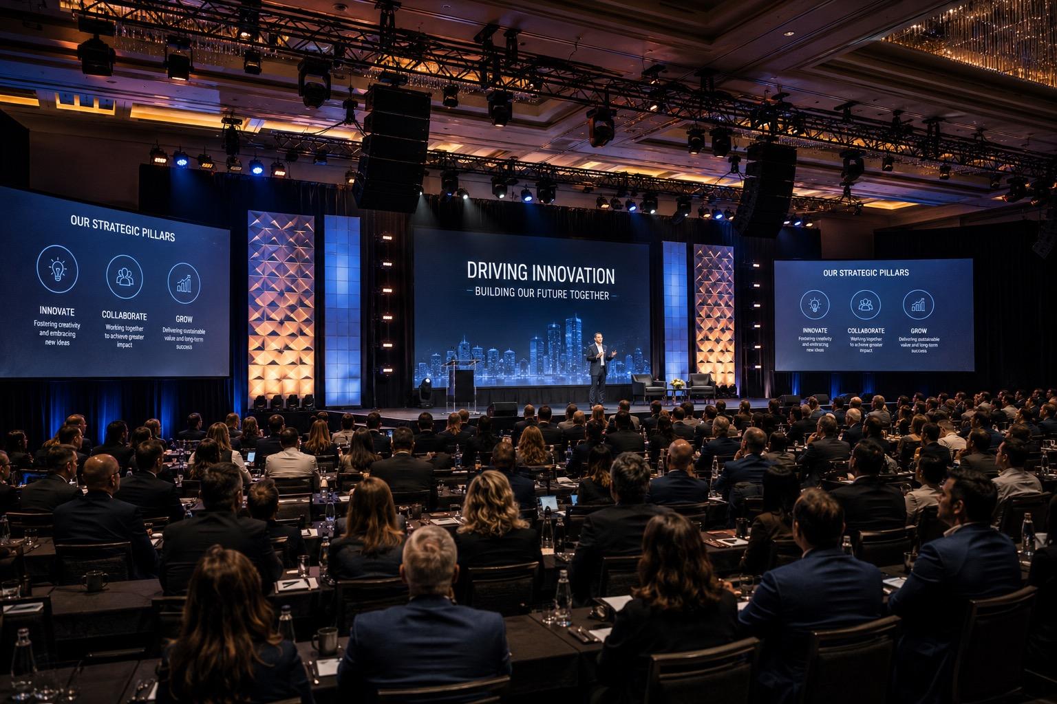 A corporate general session with an LED wall and stage AV produced by NEXT LEVEL EVENTS in Los Angeles