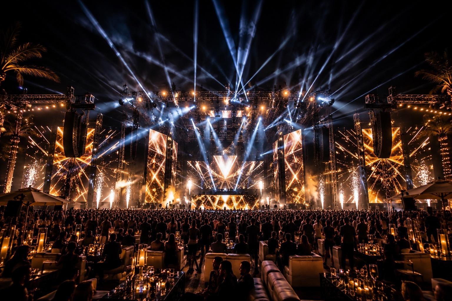Festival-style event lighting on a large outdoor stage