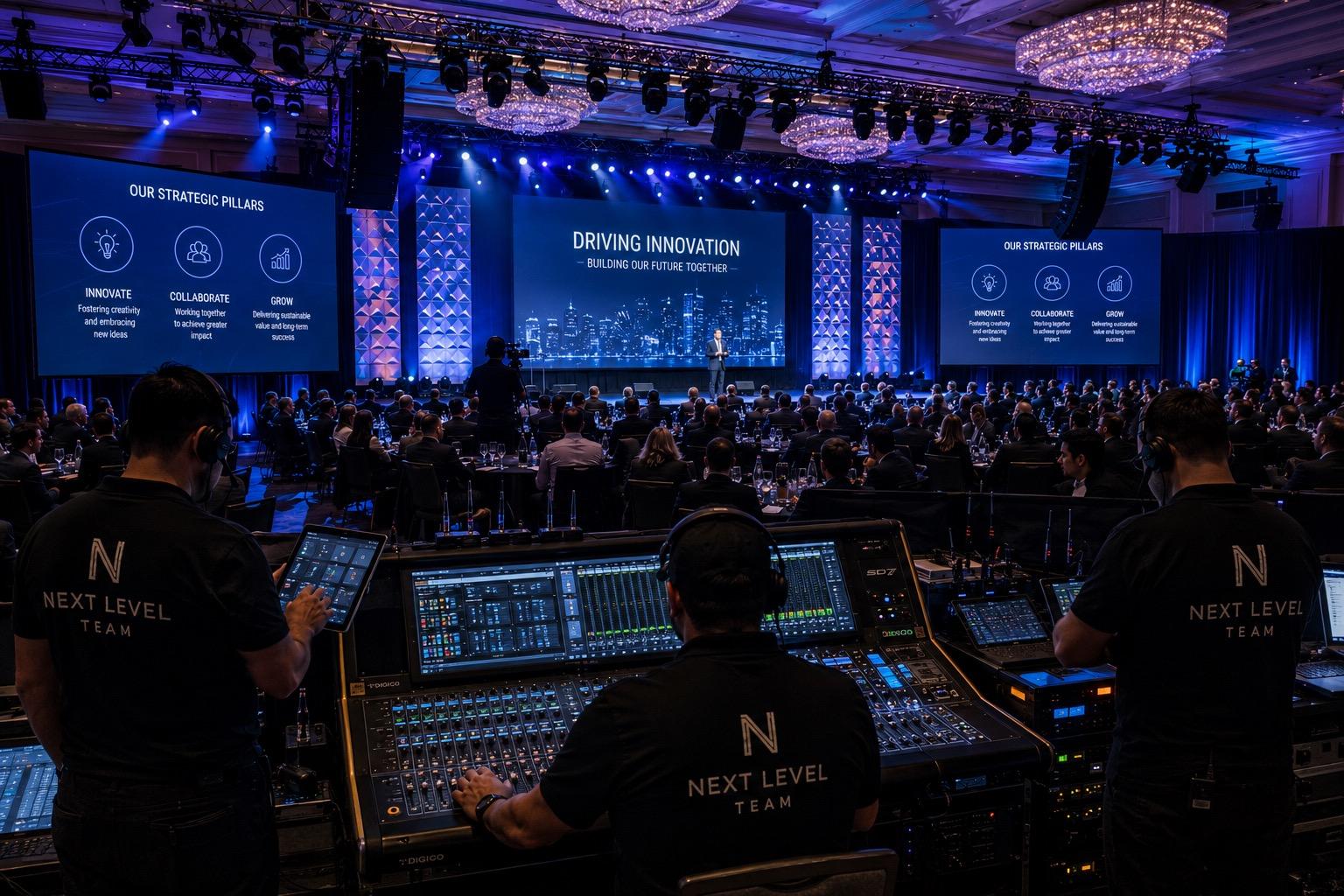 A professional concert-grade sound system and mixing setup at a Los Angeles event by NEXT LEVEL EVENTS