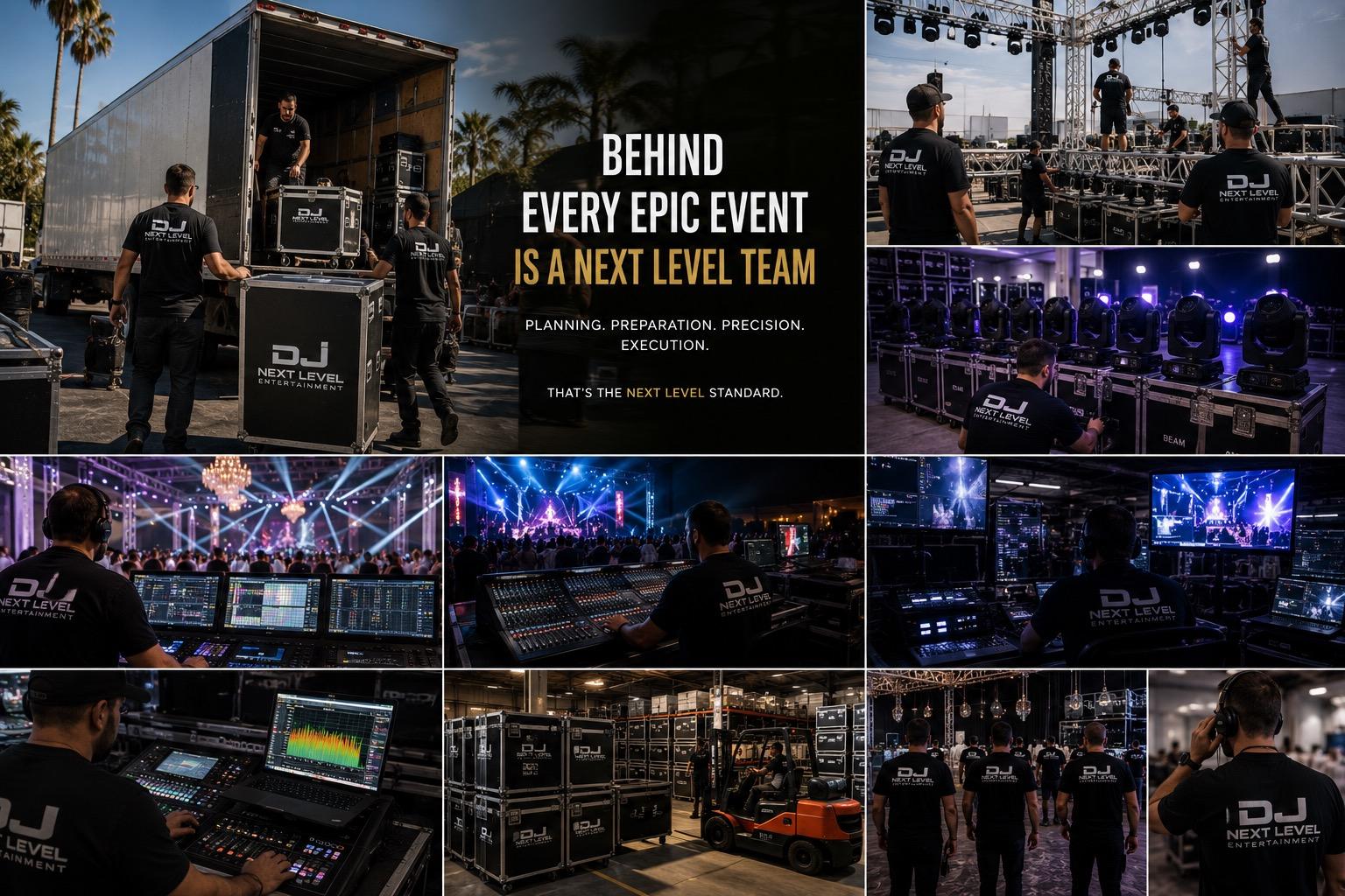 Crew building staging and truss during an event load-in for a NEXT LEVEL EVENTS production in Los Angeles