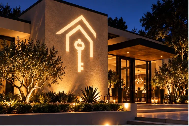 Custom logo gobo projection lighting the entrance wall of a private event venue at dusk