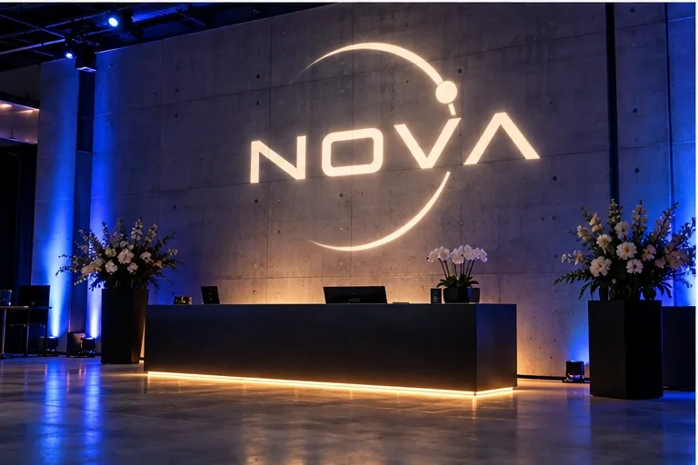 Branded gobo projection on a corporate reception wall with uplighting either side