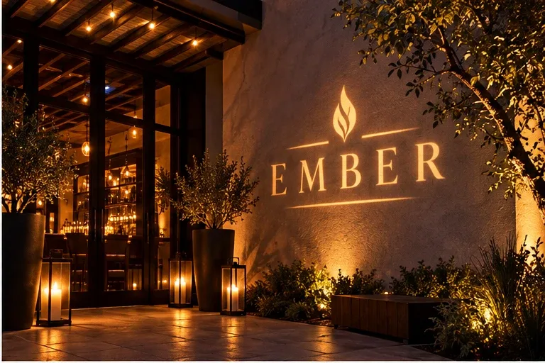 Custom gobo projection on a building facade at a corporate evening event