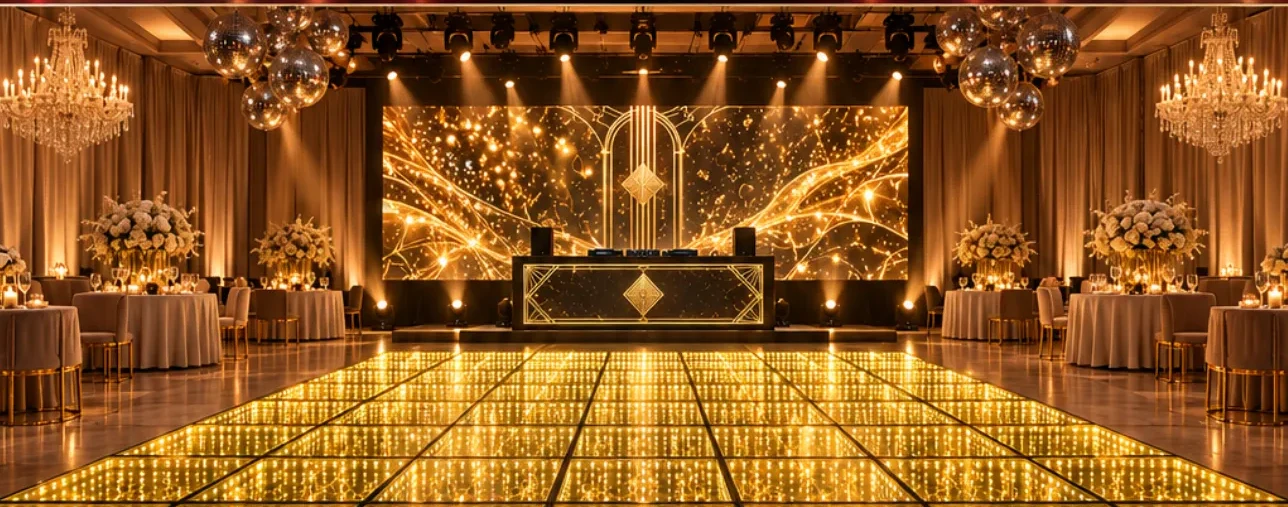 Illustrative concept: a ballroom with a warm gold color-changing LED dance floor, a matching gold LED backdrop behind the DJ booth, chandeliers and mirror balls
