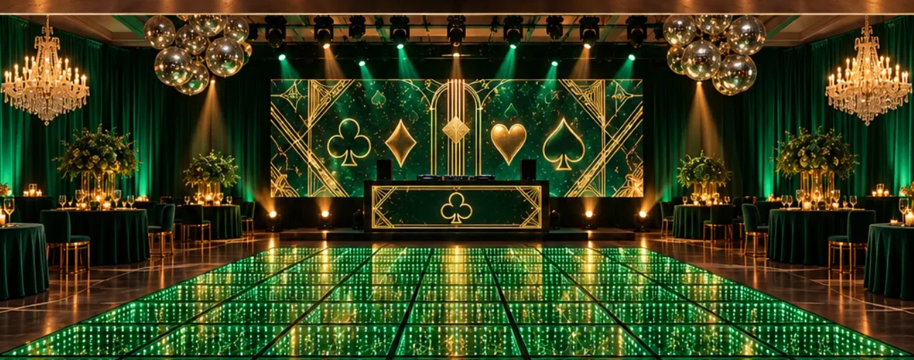 Illustrative concept: a ballroom with an emerald green color-changing LED dance floor, a green and gold LED backdrop, drapery and mirror balls