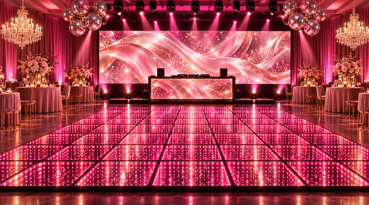 Illustrative concept: a ballroom with a pink color-changing LED dance floor, a matching pink LED wall behind the DJ booth, chandeliers and mirror balls